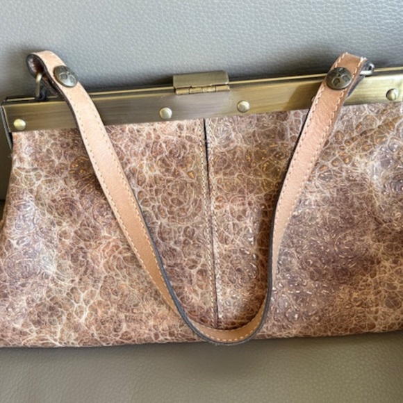 PATRICIA NASH Ferrara-Frame med. sz satchel purse Italian leather taupe gold - Picture 2 of 16